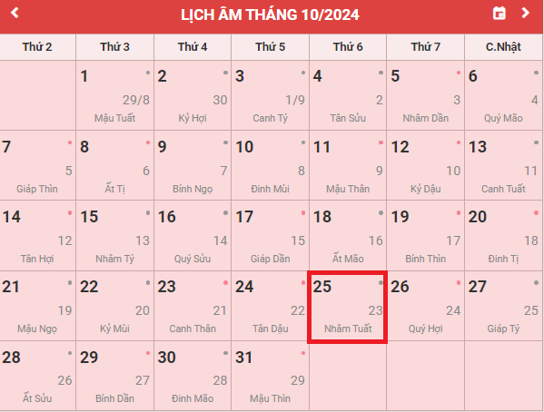 Lịch âm 25/10 - Âm lịch hôm nay 25/10 - Lịch vạn niên ngày 25/10/2024- Ảnh 1.