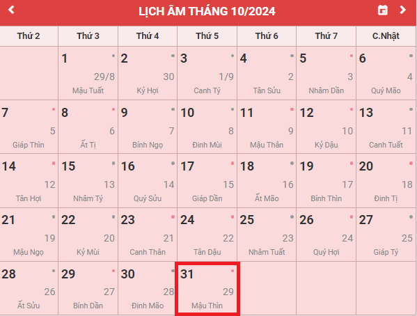 Lịch âm 31/10 - Âm lịch hôm nay 31/10 - Lịch vạn niên ngày 31/10/2024- Ảnh 1.