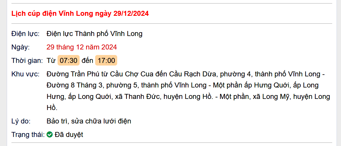 Lịch cúp điện hôm nay Chủ Nhật ngày 29/12/2024 tại Vĩnh Long- Ảnh 1.