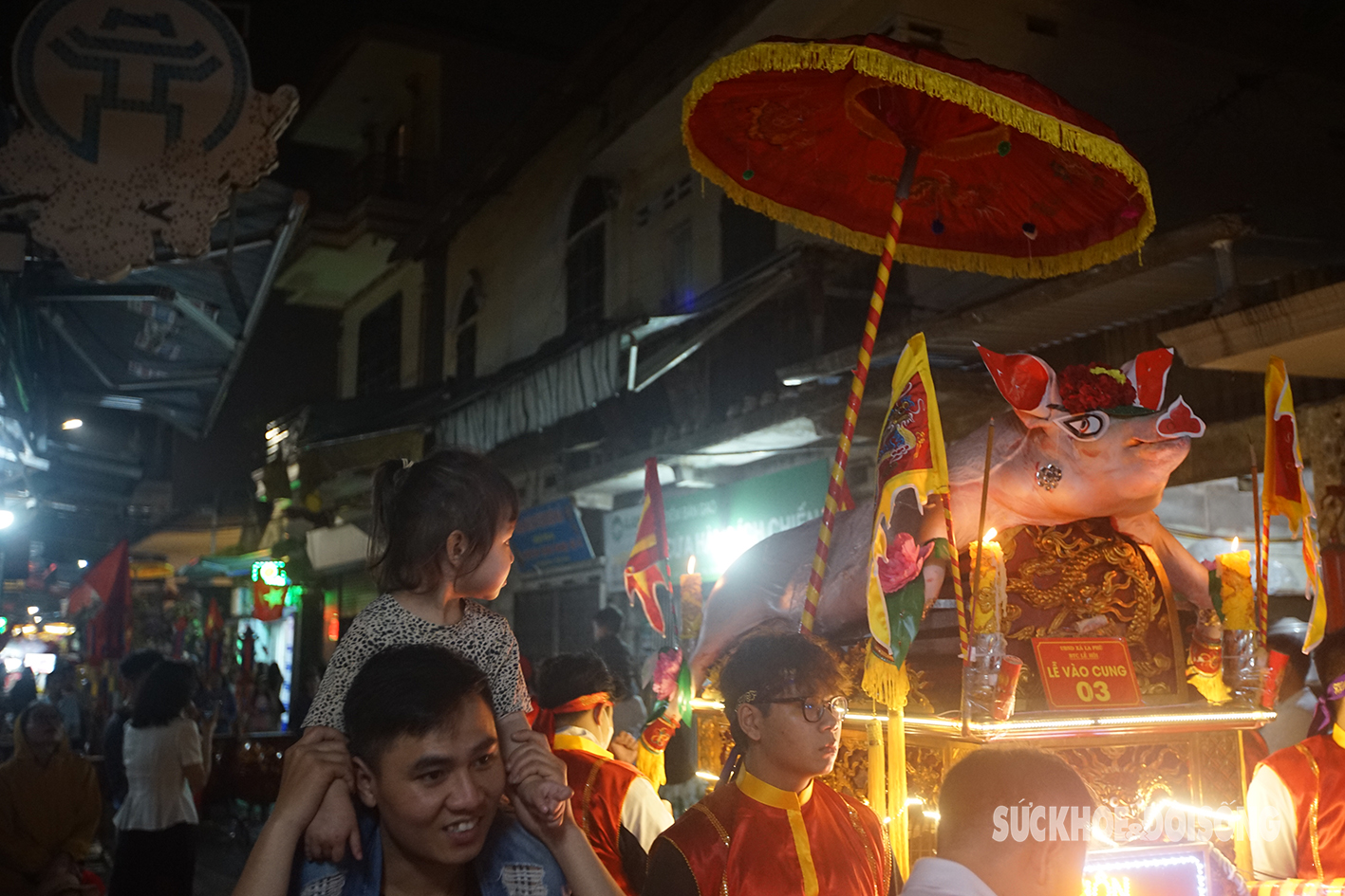 Trẻ em ở Hà Nội ngồi lên cổ người lớn xem rước lợn bằng kiệu hoa- Ảnh 2.