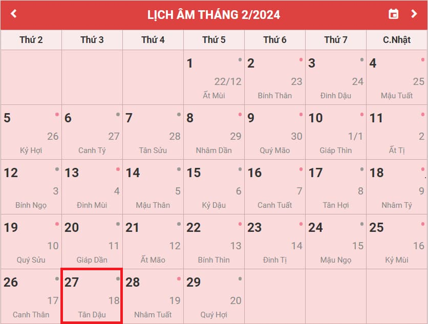 Lịch âm 27/2 Âm lịch hôm nay 27/2 Lịch vạn niên ngày 27/2/2024