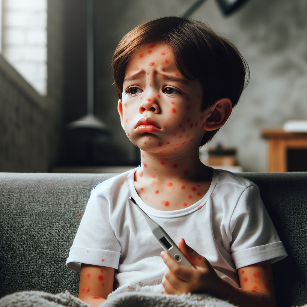 a child with measles having high fever and fatigue