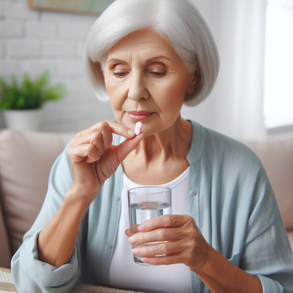 bệnh nhâ nữ cao tuổi đang uống viên thuốc với một cốc nước