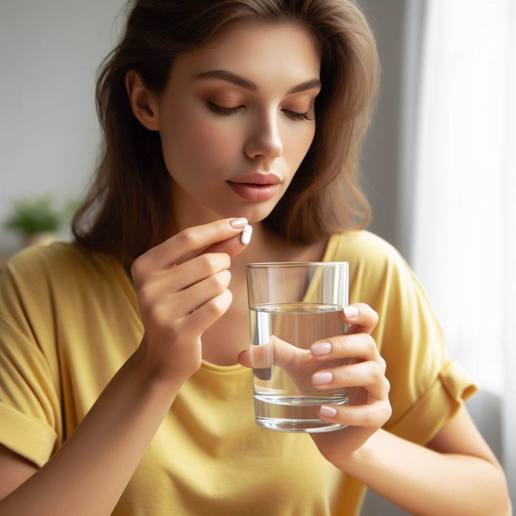một người phụ nữ mặc áo cộc tay màu vàng đang uống thuốc với một cốc nước