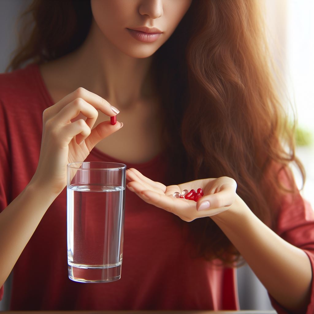 một người phụ nữ mặc áo đỏ cộc tay đang uống một viên thuốc cùng với cốc nước