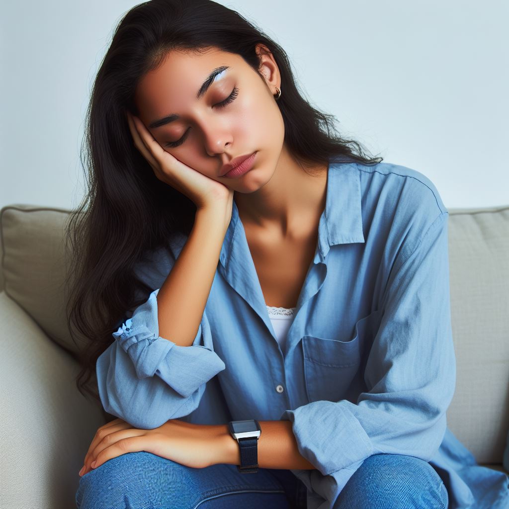 một người phụ nữ mặc áo xanh quần dài, bị mất ngủ, vẻ mặt mệt mỏi