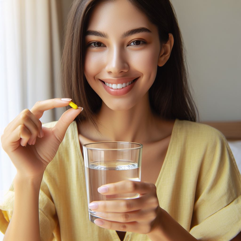 một người phụ nữ mặc áo cộc tay màu vàng đang uống thuốc với một cốc nước