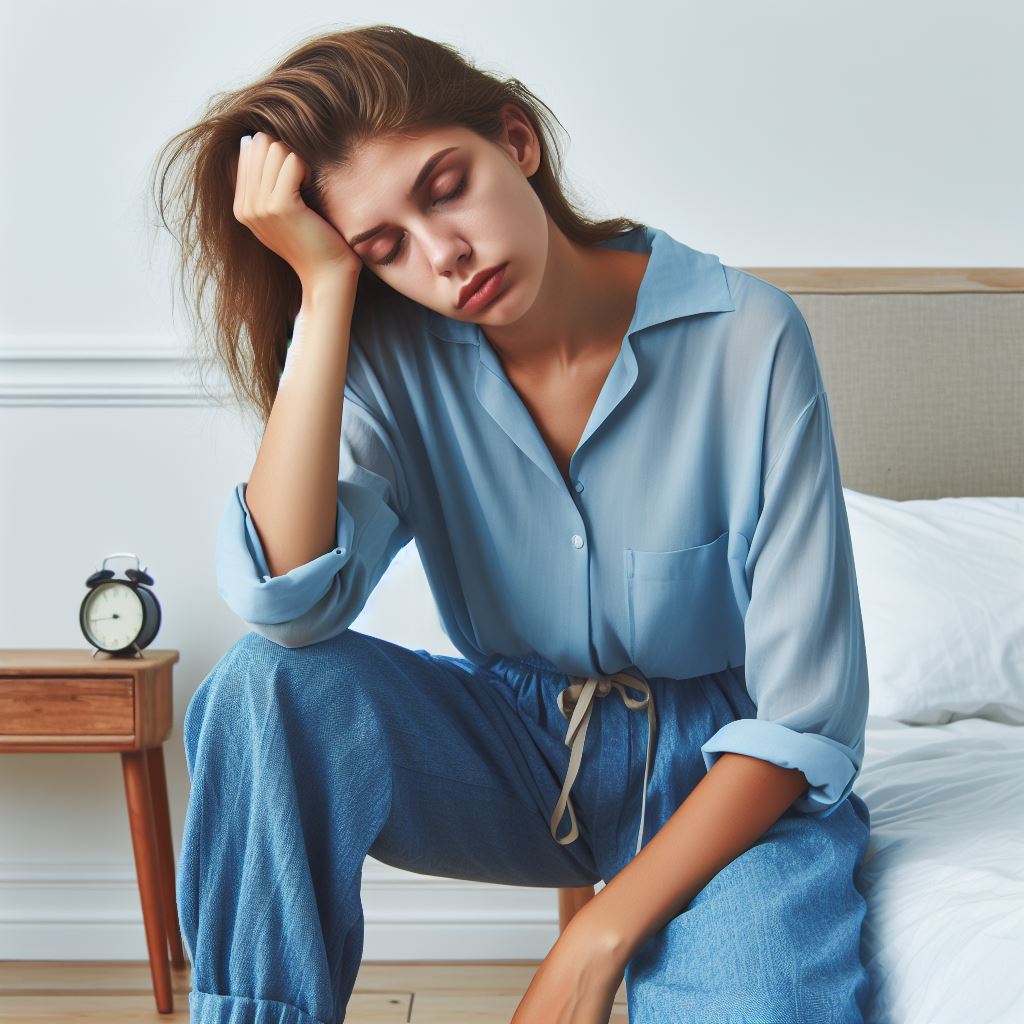 một người phụ nữ mặc áo xanh quần dài, bị mất ngủ, vẻ mặt mệt mỏi