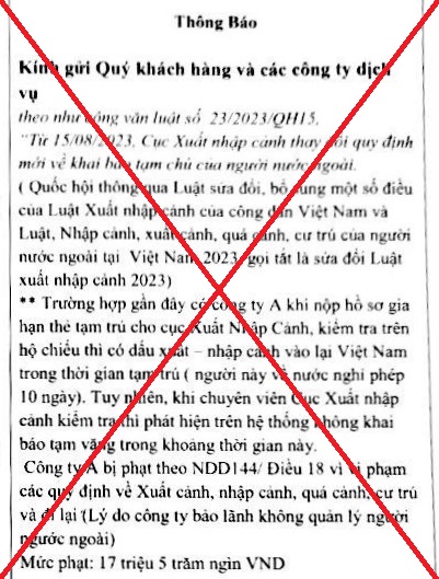 ‘Người nước ngoài xuất cảnh khỏi Việt Nam cần khai báo tạm vắng nếu không sẽ bị xử phạt’ là thông tin sai sự thật- Ảnh 1.