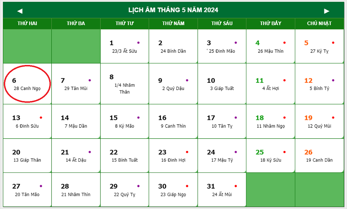Lịch âm 6/5 Âm lịch hôm nay 6/5 Lịch vạn niên ngày 6/5/2024