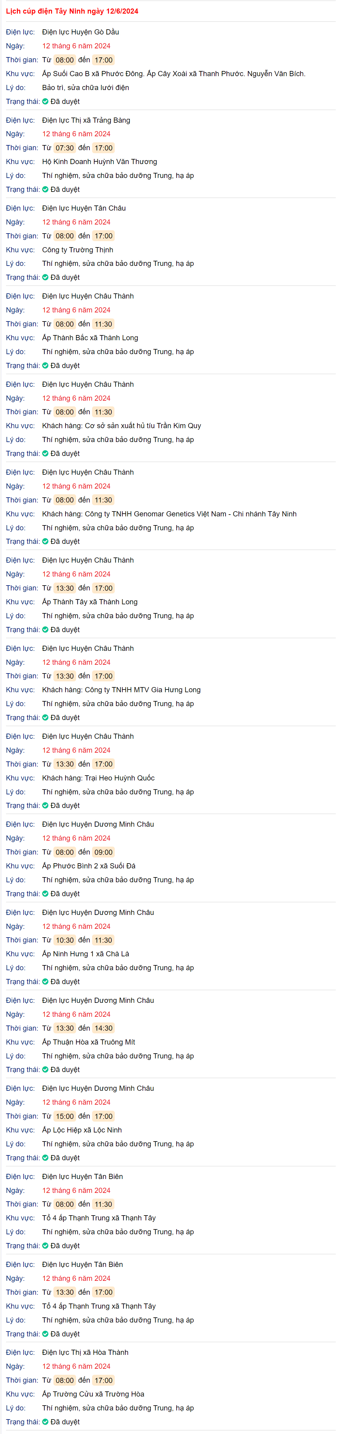 Lịch cúp điện hôm nay ngày 12/6 tại Tây Ninh- Ảnh 1. Lịch cúp điện hôm nay ngày 12/6 tại Tây Ninh- Ảnh 1.