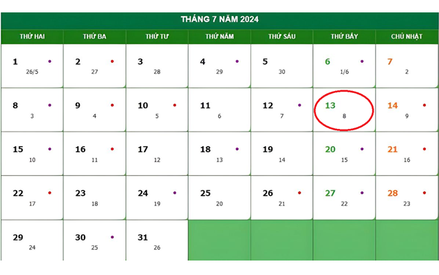 Lịch âm 13/7 - Âm lịch hôm nay 13/7 - Lịch vạn niên ngày 13/7/2024