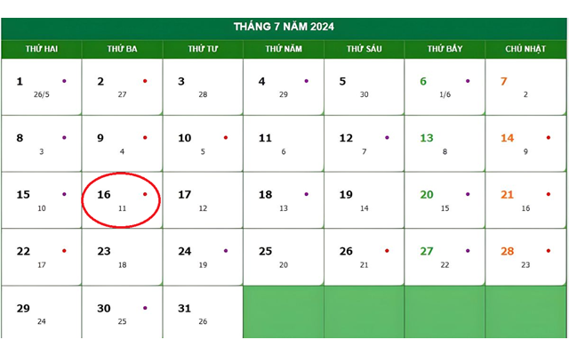 Lịch âm 16/7 - Âm lịch hôm nay 16/7 - Lịch vạn niên ngày 16/7/2024