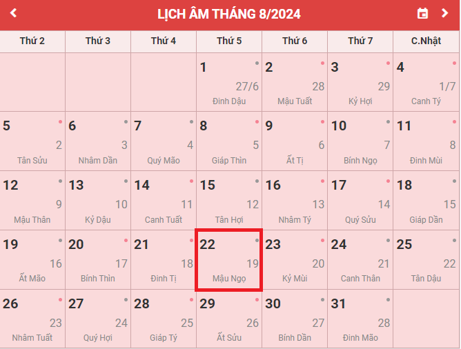 Lịch âm 22/8 - Âm lịch hôm nay 22/8 - Lịch vạn niên ngày 22/8/2024- Ảnh 1.