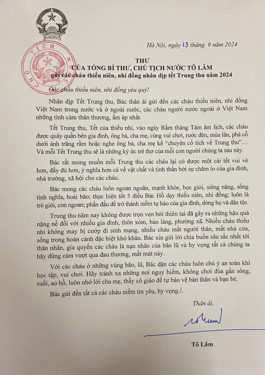 Tổng Bí thư, Chủ tịch nước Tô Lâm gửi thư chúc Tết Trung thu tới các cháu thiếu niên, nhi đồng- Ảnh 2.