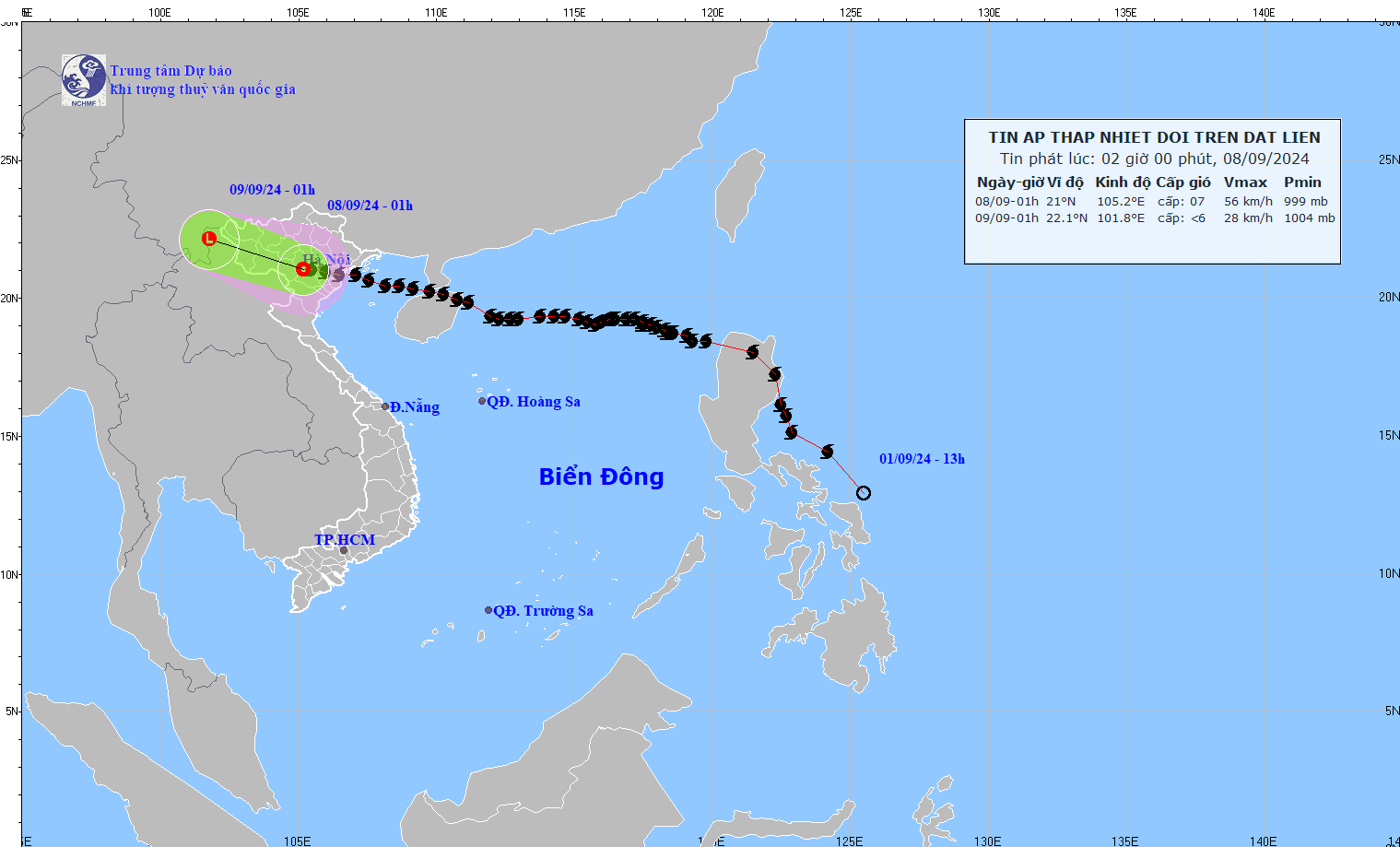 Vị trí và hướng di chuyển của áp thấp nhiệt đới, cập nhật đến 2h09 sáng 8/9. Ảnh: Trung tâm Dự báo khí tượng thủy văn quốc gia
