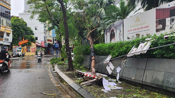 Sau bão số 3, hàng loạt cột biển báo giao thông xiêu vẹo, đổ gãy nằm phơi mình trên đường- Ảnh 1.