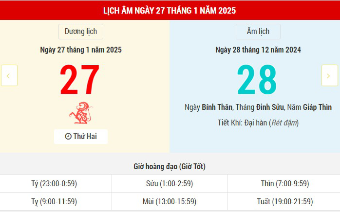 Lịch âm 27/1 - Âm lịch hôm nay 27/1 - Lịch vạn niên ngày 27/1/2025