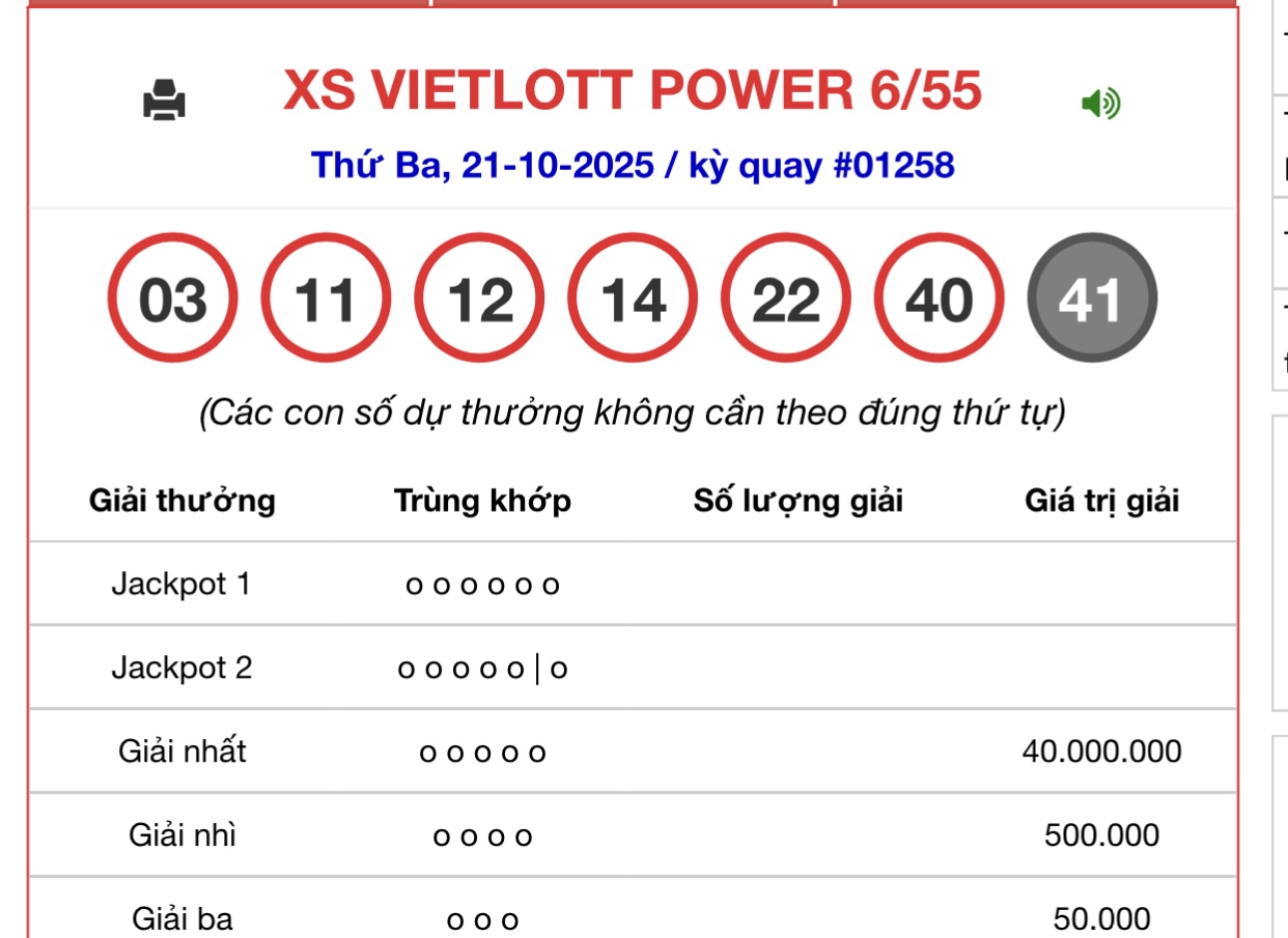 Kết quả xổ số Vietlott hôm nay 21/10/2025 - Vietlott 21/10 - Xổ số Power 6/55 ngày 21/10- Ảnh 1. Kết quả xổ số Vietlott hôm nay 21/10/2025 - Vietlott 21/10 - Xổ số Power 6/55 ngày 21/10- Ảnh 1.