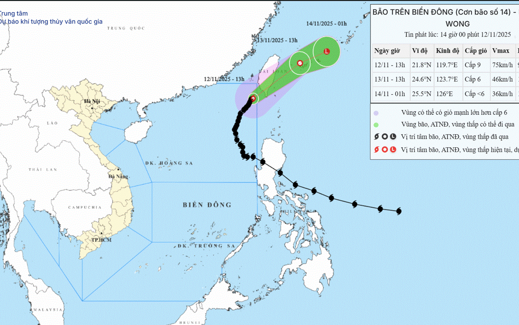 Không khí lạnh tăng cường từ đêm nay, bão số 14 suy yếu trên Biển Đông