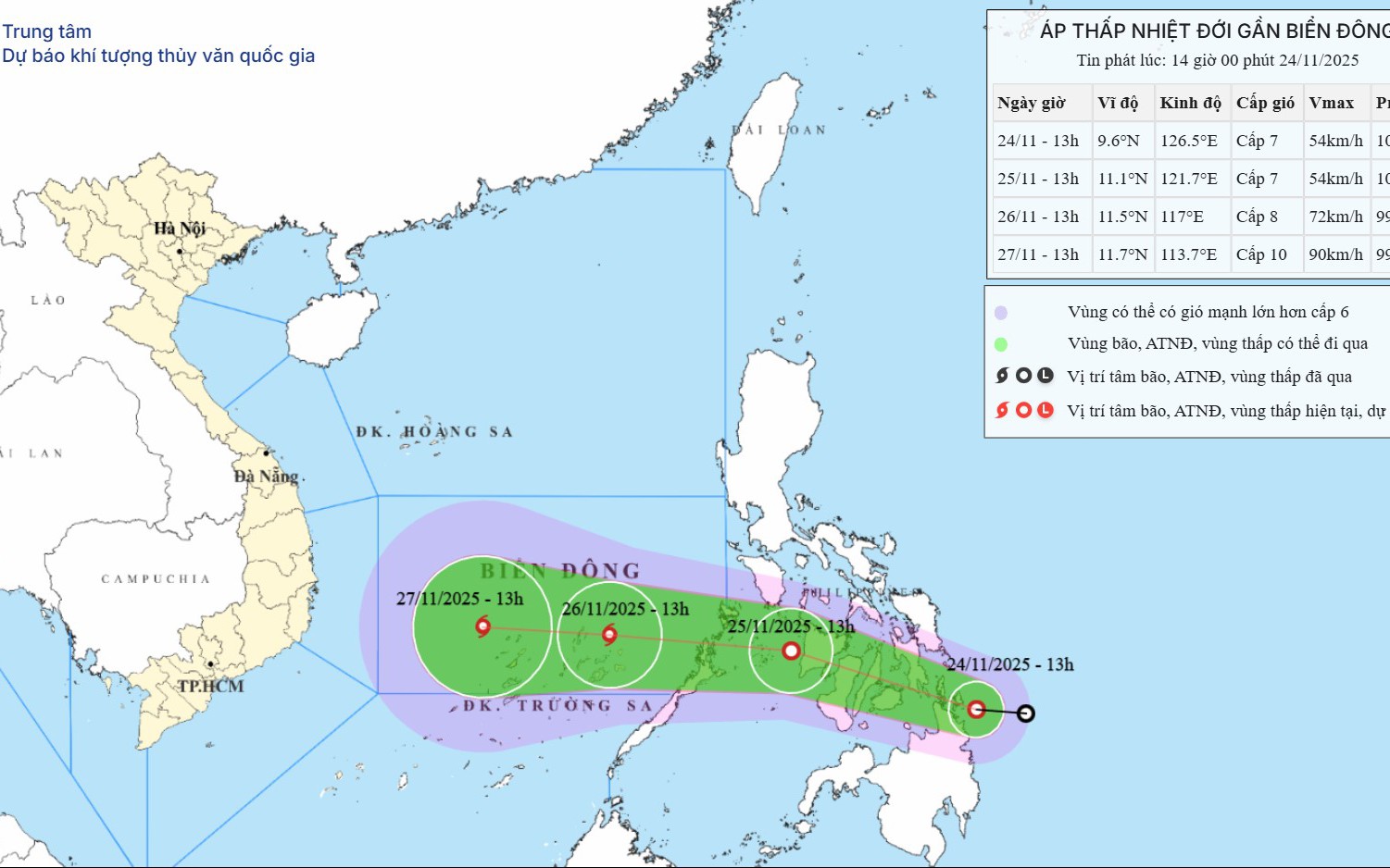 Áp thấp nhiệt đới tiến gần Biển Đông, mạnh lên thành bão ngày 26/11