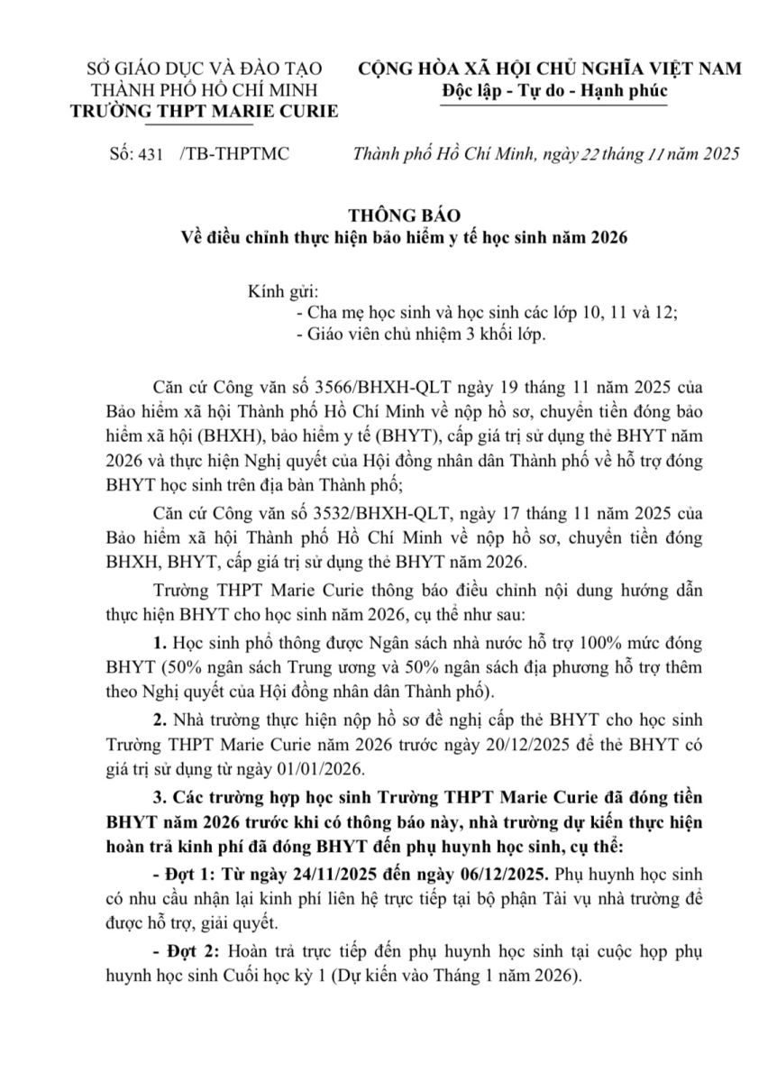 TP Hồ Chí Minh: Các trường bắt đầu hoàn trả tiền BHYT cho học sinh- Ảnh 2.