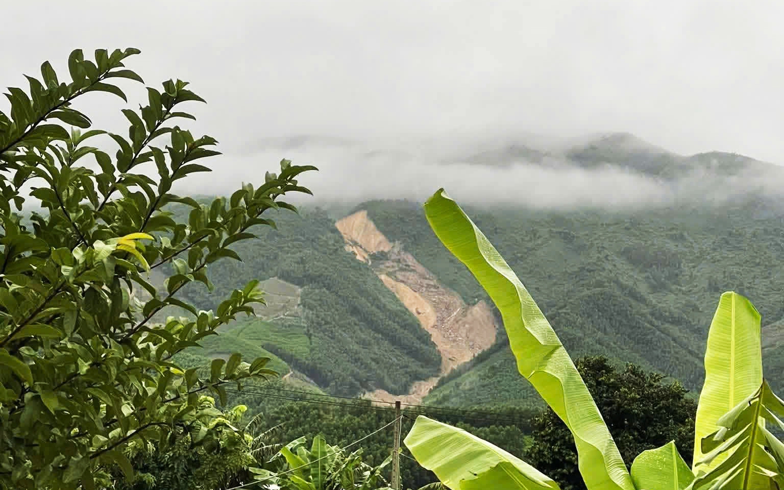 Sạt lở nghiêm trọng ở Vũng Áng, đất đá tràn xuống Quốc lộ 12C- Ảnh 3. Sườn núi sạt lở dài 2km, một người đàn ông đi tìm gia súc tử vong