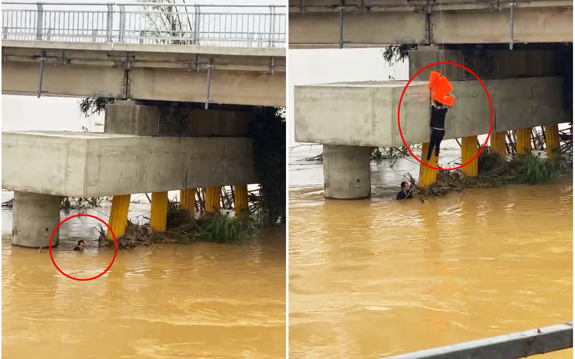 Tặng giấy khen cho chàng trai đu dây xuống dòng lũ dữ cứu người- Ảnh 3. "Thót tim" cảnh nam thanh niên đu dây xuống chân cầu nước chảy cuồn cuộn cứu người
