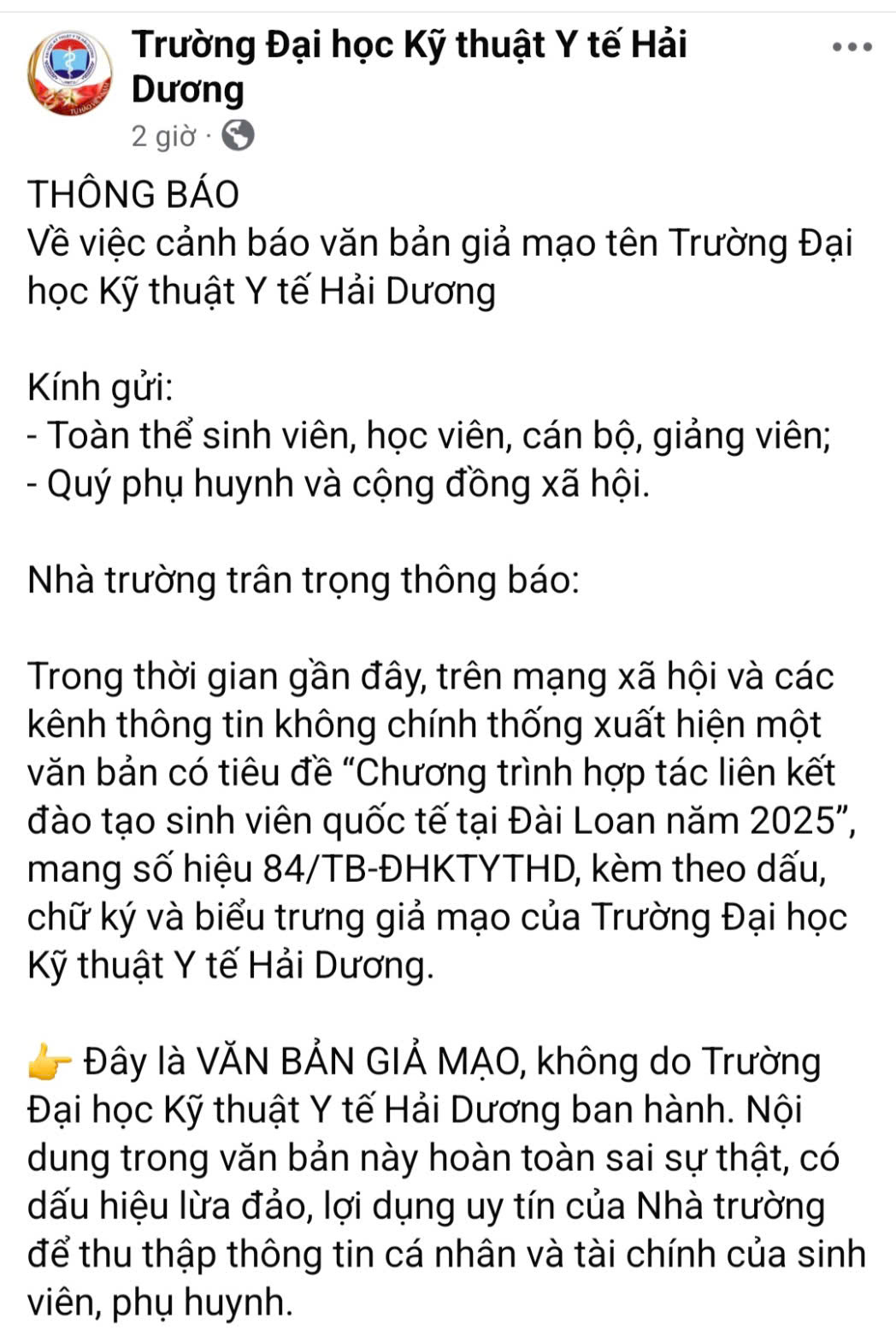 Trường Đại học Kỹ thuật Y tế Hải Dương cảnh báo văn bản giả mạo liên kết đào tạo quốc tế - Ảnh 2. Trường Đại học Kỹ thuật Y tế Hải Dương cảnh báo văn bản giả mạo liên kết đào tạo quốc tế - Ảnh 2.