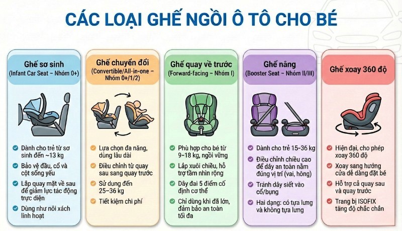 Ghế ngồi ô tô cho bé (car seat) có mấy loại? Gợi ý mẹo chọn mua phù hợp với bé