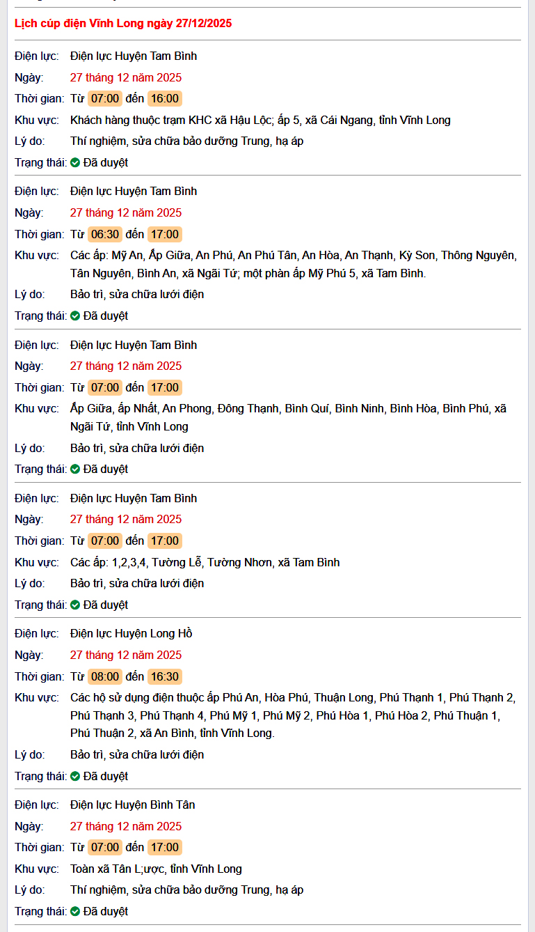 Tra cứu lịch cúp điện Vĩnh Long hôm nay Thứ 7 ngày 27/12/2025- Ảnh 1.
