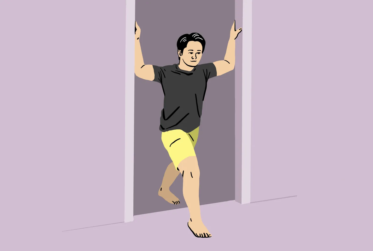 6 bài tập giãn cơ dân văn phòng nên tập mỗi ngày- Ảnh 2. Người đang thực hiện bài tập giãn cơ ở khung cửa, một chân và hai tay duỗi thẳng.