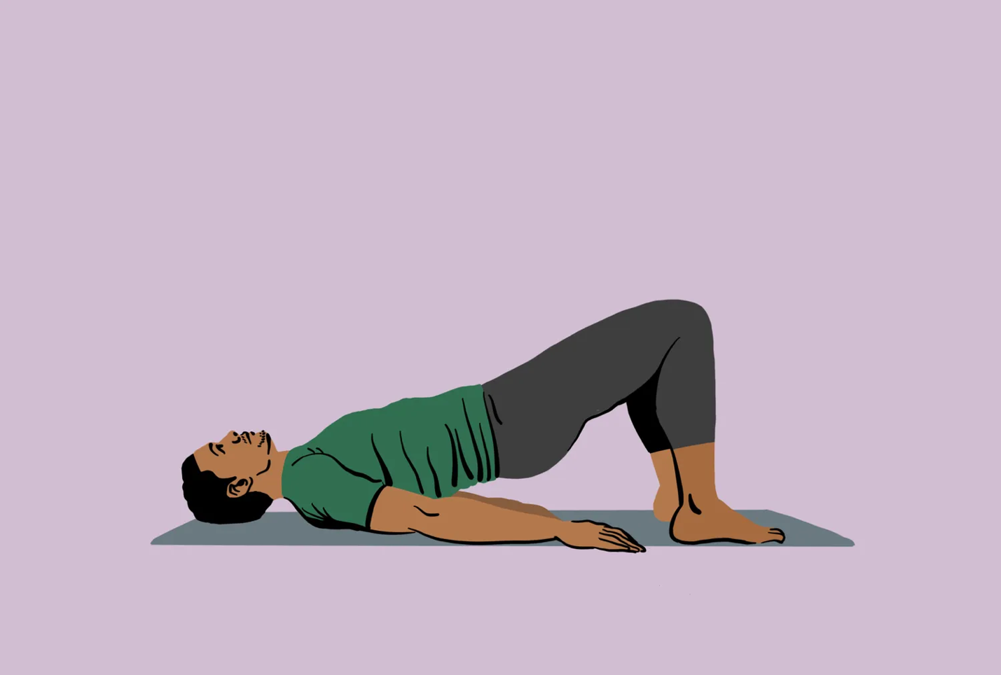 6 bài tập giãn cơ dân văn phòng nên tập mỗi ngày- Ảnh 5. Hình minh họa một người đang thực hiện bài tập nâng hông trên thảm, nằm sấp với đầu gối cong và hông nâng lên.