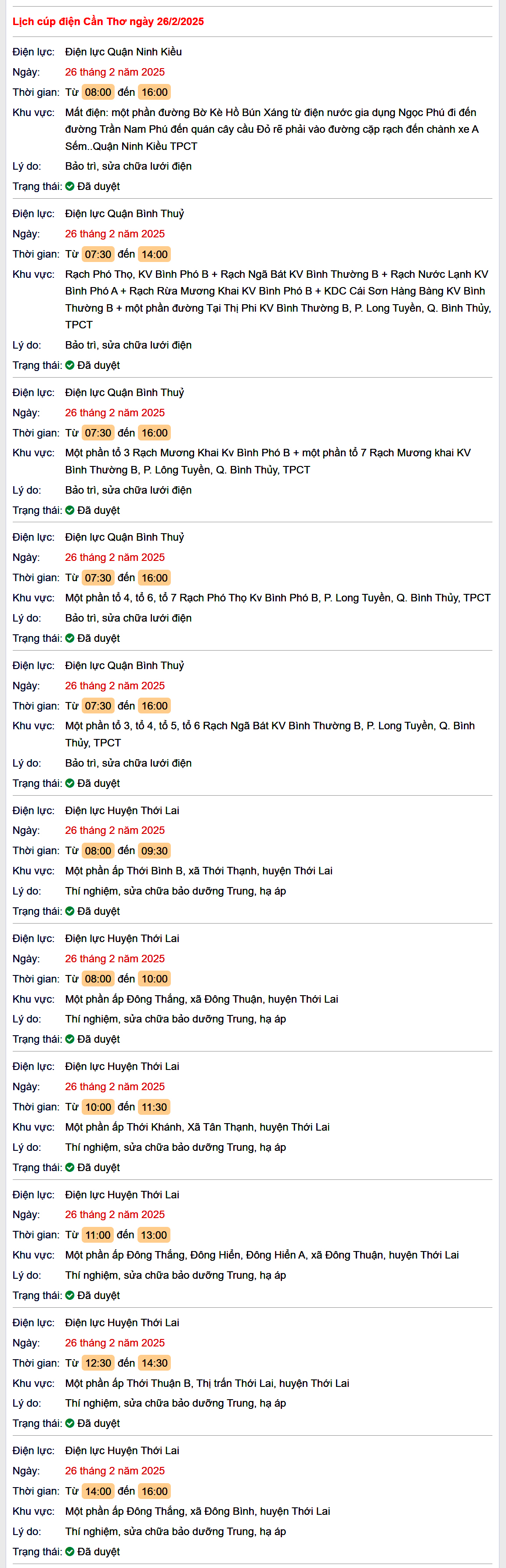 Lịch cúp điện hôm nay Thứ 4 ngày 26/2/2025 tại Cần Thơ