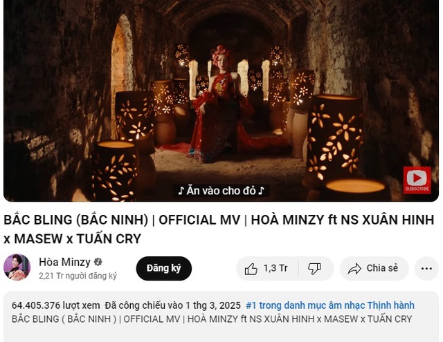 MV ‘Bắc Bling’ đạt hơn 64 triệu lượt xem, tiếp tục giữ top 1 âm nhạc thịnh hành thế giới- Ảnh 1.