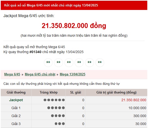 Vietlott 13/4 - Kết quả xổ số Vietlott hôm nay 13/4/2025 - Xổ số Mega 6/45 ngày 13/4- Ảnh 1.