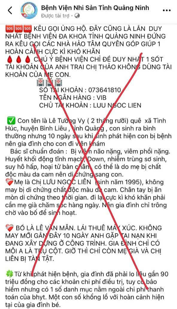 Cảnh giác trang fanpage BV Sản Nhi Quảng Ninh giả, kêu gọi chuyển tiền ủng hộ- Ảnh 1.