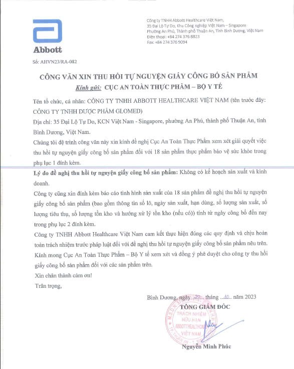Lý do Abbott Healthcare Việt Nam chủ động thu hồi công bố sản phẩm- Ảnh 1. Lý do Abbott Healthcare Việt Nam chủ động thu hồi công bố sản phẩm- Ảnh 1.