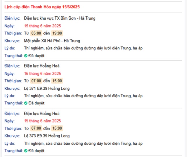 Tra cứu lịch cúp điện hôm nay Chủ Nhật ngày 15/6/2025 tại Thanh Hóa- Ảnh 1. Tra cứu lịch cúp điện hôm nay Chủ Nhật ngày 15/6/2025 tại Thanh Hóa- Ảnh 1.