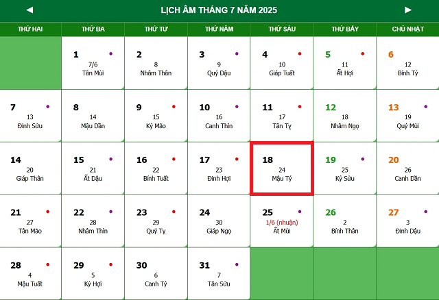 Lịch âm 18/7 - Âm lịch hôm nay 18/7 - Lịch vạn niên ngày 18/7/2025- Ảnh 1.