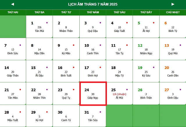 Lịch âm 24/7 - Âm lịch hôm nay 24/7 - Lịch vạn niên ngày 24/7/2025- Ảnh 1.
