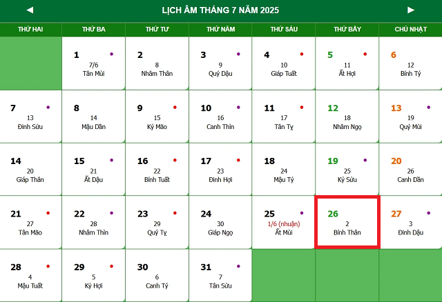 Lịch âm 26/7 - Âm lịch hôm nay 26/7 - Lịch vạn niên ngày 26/7/2025- Ảnh 1.