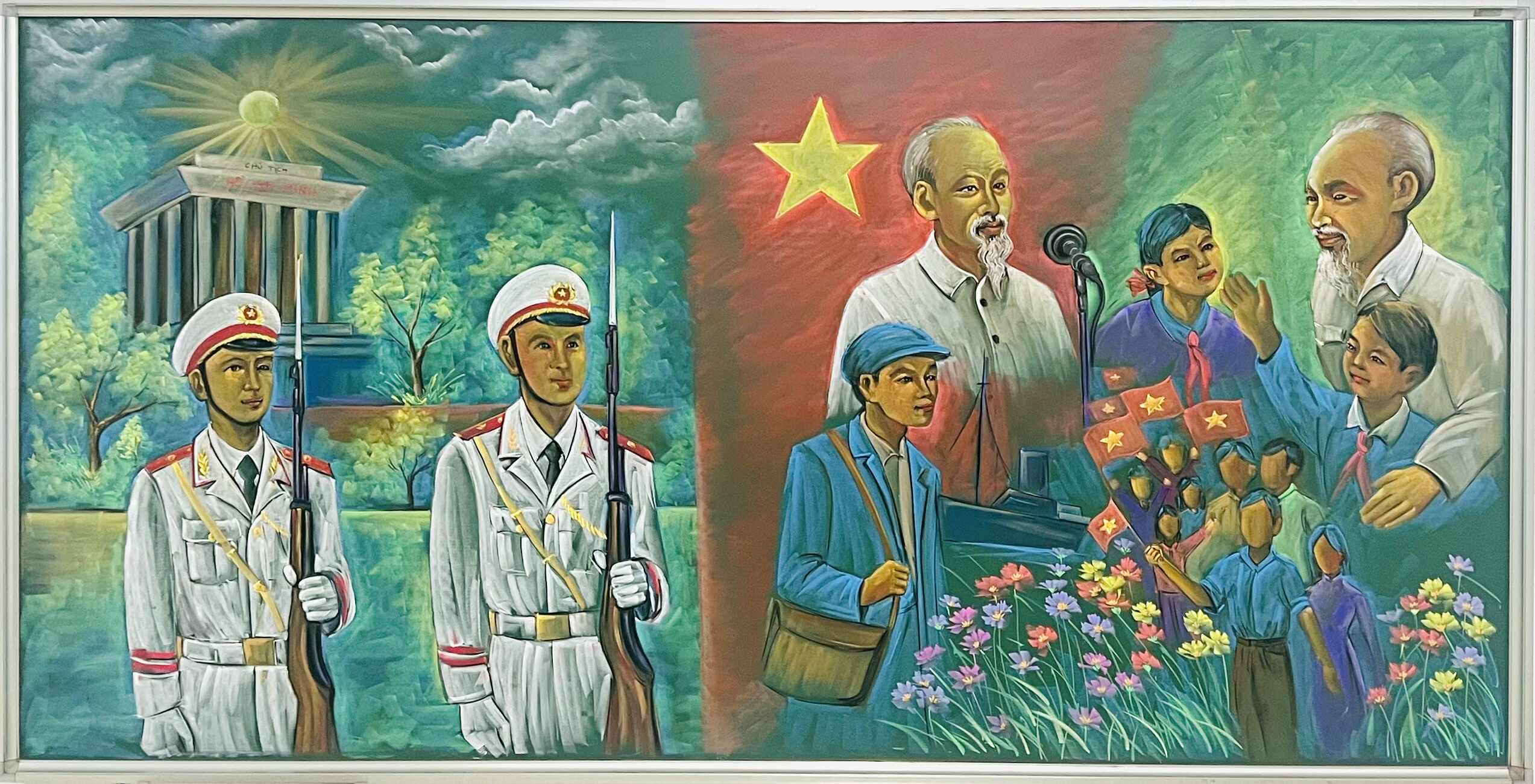 Thầy giáo vẽ tranh mừng ngày Quốc khánh bằng phấn bảng- Ảnh 4. Thầy giáo vẽ tranh mừng ngày Quốc khánh bằng phấn bảng- Ảnh 4.