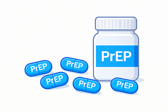 hình ảnh hộp thuốc PrEP màu trắng, có nhãn PrEP, đặt trên nền trắng, phong cách y tế tối giản
