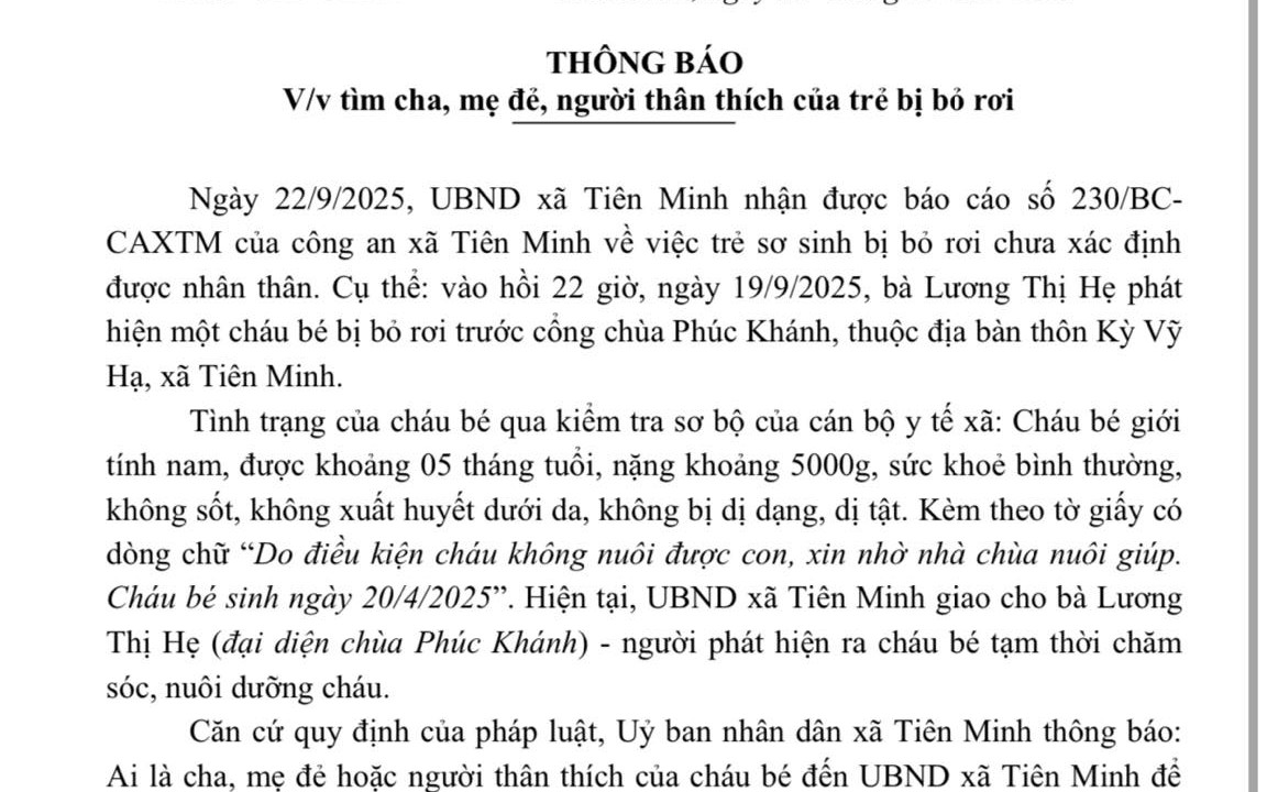 Bé trai 5 tháng tuổi bị bỏ rơi trong đêm cùng tờ giấy "nhờ nhà chùa nuôi giúp"