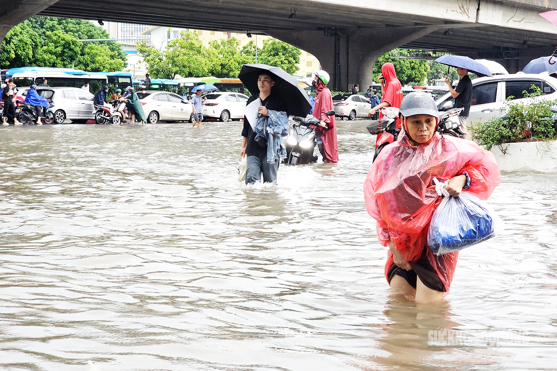 Ngập nặng giờ cao điểm, người Hà Nội vượt ‘biển nước’ về nhà- Ảnh 1.