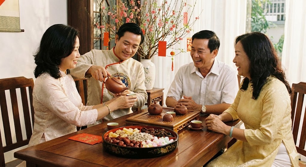 chén trà xanh tiếp khách đầu năm