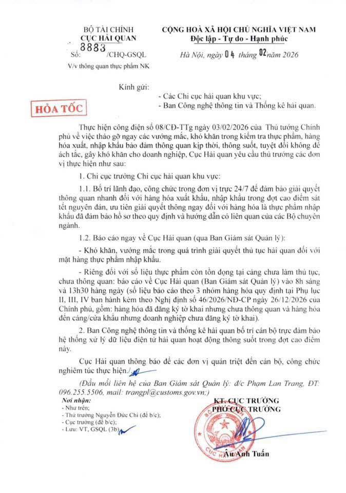 Hải quan hỏa tốc yêu cầu toàn ngành trực 24/7 thông quan thực phẩm nhập khẩu- Ảnh 1.