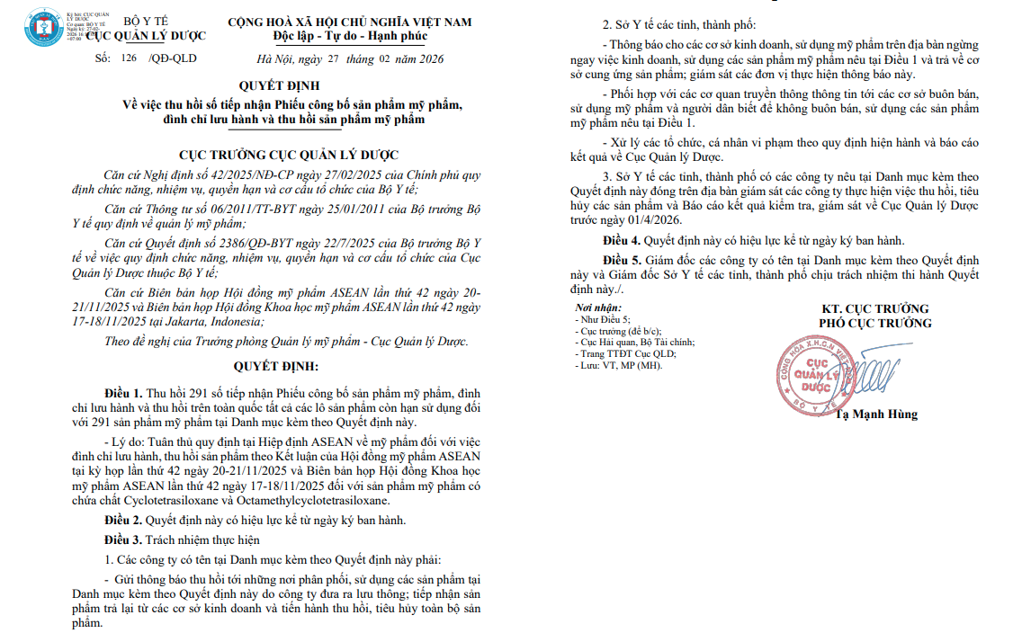 Sau vụ thu hồi 291 mỹ phẩm chứa D4, D5, bác sĩ cảnh báo nguy cơ suy giảm khả năng sinh sản- Ảnh 3. Bộ Y tế đình chỉ lưu hành, thu hồi 291 mỹ phẩm chứa Cyclotetrasiloxane và Octamethylcyclotetrasiloxane