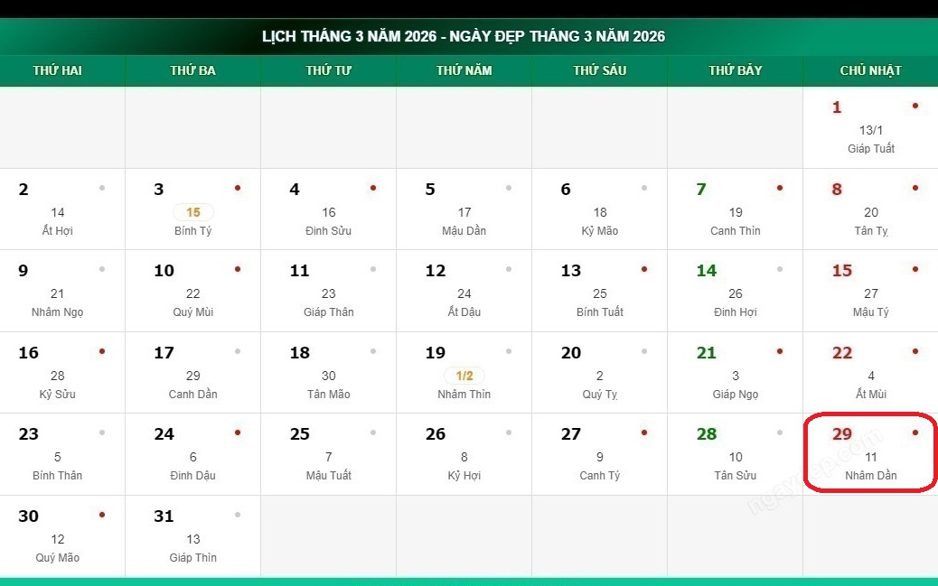 Tử vi 12 con giáp hôm nay 29/3: Tị rủng rỉnh, Mùi công việc may mắn- Ảnh 3. Lịch âm hôm nay 29/3 - Âm lịch 29/3 - Lịch vạn niên ngày 29/3/2026